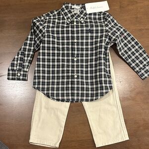 NWT- Ralph Lauren Kids Checkered Shirt - Navy/Green/White Plaid and Khaki Pants